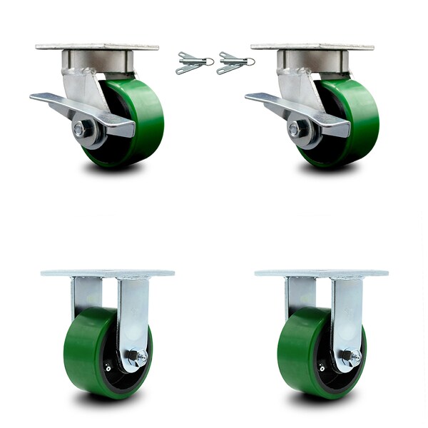 Service Caster 4 Inch Kingpinless Green Poly on Steel Caster Brake & Swivel Lock 2 Rigid, 2PK SCC-KP30S420-PUR-GB-SLB-BSL-2-R-2 - main